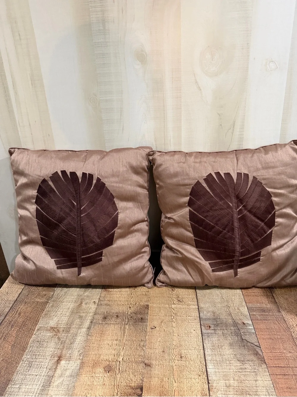Pair of Decorative Satin Leaf Throw Pillow Covers- Taupe with Brown Leaf 17”x17”